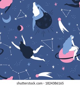 Vector mystical seamless pattern with girls in cosmos.  Perfect for bedding design. Repeated background in blue colors. Magic female fabric design. Esoteric concept. 