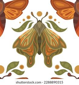 Vector mystical seamless pattern with moths, leaves and moons on white background. Gentle colorful texture with butterflies. Flat sacred background of a flying insect for wallpaper and fabric
