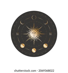 Vector mystical sticker with golden sun with a sleeping face, moon phases, stars and concentric circles. Sketch tattoo in boho style on a black background. Round label with astronomical objects