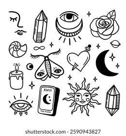 Vector Mystical Symbols: Celestial, Tarot, and Witchy Magic Line Art