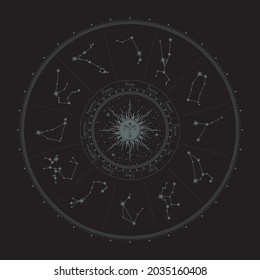 Vector mystical zodiac circle with sleeping sun, constellations and stars, surrounded ornate frame. Set of twelve star systems with titles. Retro illustration with a magical sign