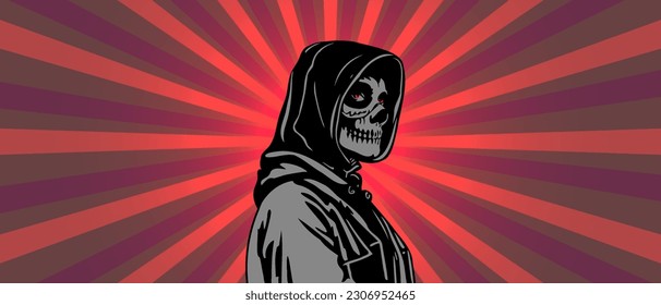 Vector mythological banner. Black gray death with a hood, staying in half a turn on a red radiant background.