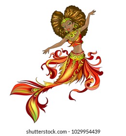 Vector mythological character of a beautiful black princess mermaid in red robes with ornaments. Fairy-tale African American girl with a golden tail of a mermaid