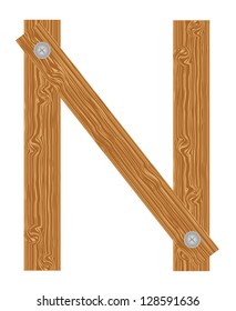Vector "N" letter of wood pattern tightened with screw alphabet