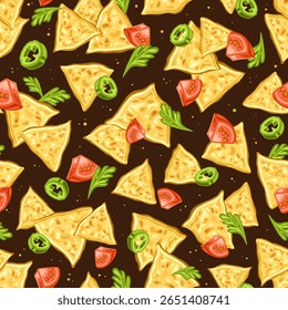 Vector Nachos Seamless Pattern, decorative background with delicious homemade nacho with veggies for wrapping paper or bed linen, square cover with group of flat lay tasty nachos on black background