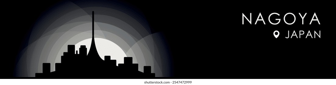 Vector Nagoya, Japan cityscape banner. Black and white placard profile picture for header, footer