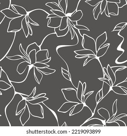 Vector nahtlose Blumenmuster mit Magnolienblumen. Line Art Illustration.