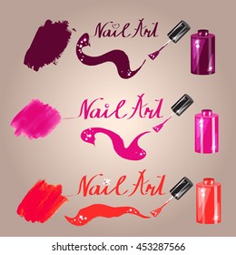 vector nail art illustrations, polish bottles with polish textures. Elements for logo, banner, card, etc.