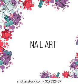 Vector nail lacquer bottles. Beauty border and place for your text. 