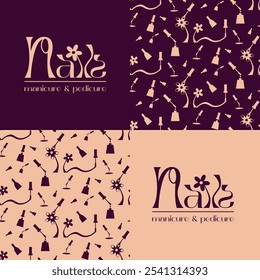 Logotipo de unha de vetor para um salão de beleza de manicure. Vetor Padrão sem emenda, pregos, esmalte de unha, borgonha, bege. Manicura e pedicura