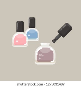 vector nail polish bottle with brush, colorful gel lacquer / manicure concept / modern, elegant colors / isolated, sign and icon template 