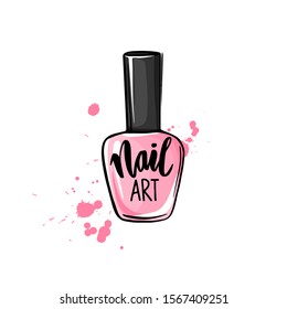 Vector nail polish bottle. Sketch style. Handwritten lettering about nails and manicure. Hand drawn logo for beauty salon, print, decorative card.
