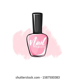 Vector nail polish bottle. Sketch style. Handwritten lettering about nails and manicure. Hand drawn logo for beauty salon, print, decorative card.