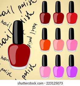 Vector nail polish colorful bottle set on a pale retro background with text