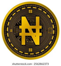 Vector of Naira , Nigerian Naira Digital Currency in gold and black colors on a white background.