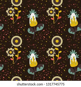Vector naive fantasy flower and birds pattern