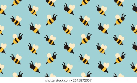Vector naive pattern with cute bees on a blue background. Cheerful texture with hand drawn flying insects for fabrics, wallpapers and wrapping paper