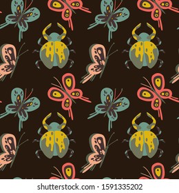 Vector naive pattern with insects. Butterfly, bug.