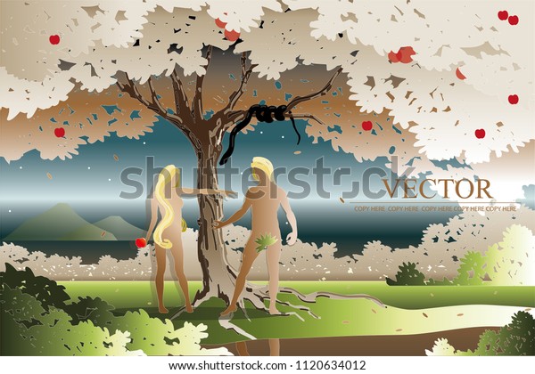 vector naked man and woman stand under the tree.eden garden.eve and adam.first couple.

