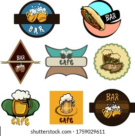 Vector names for cafes and bars, cartoon style, signboard, name, lettering, logo, bar, cafe, restaurant, beer, alcohol, food, sandwich, fun, delicious, circle, square, rhombus, vector beer, joy, tasty