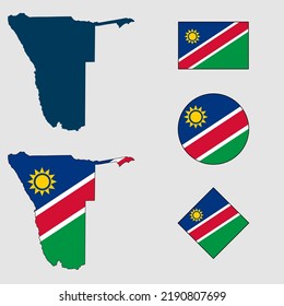 Vector of Namibia country outline silhouette with flag set isolated on white background. Collection of Namibia flag icons with square, circle, rectangle and map shapes.