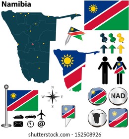 Vector of Namibia set with detailed country shape with region borders, flags and icons