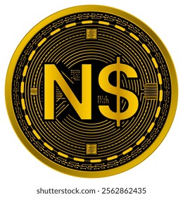 Vector of Namibian Dollar Digital Currency in gold and black colors on a white background.
