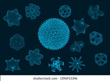 Vector Nanotech Particles Icons Set -  Nanospheres, Nanorobotics, Nanofiber Topological Grid

