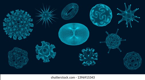 Vector Nanotechnology Concept Icons Set -  Nanoparticles, Nanorobotics, Nanofiber Topological Mesh
