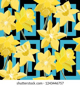 Vector Narcissus. Floral botanical flower. Yellow engraved ink art. Seamless background pattern. Fabric wallpaper print texture on white background.