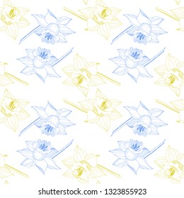Vector Narcissus floral botanical flower. Wild spring leaf wildflower isolated. Yellow and blue engraved ink art. Seamless background pattern. Fabric wallpaper print texture.
