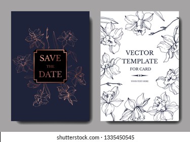Vector Narcissus floral botanical flower. Wild spring leaf isolated. Blue and white engraved ink art. Wedding background card floral decorative border. Elegant card illustration set banner.