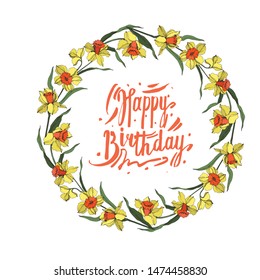 Vector Narcissus floral botanical flower Yellow and green engraved ink art