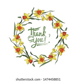 Vector Narcissus floral botanical flower Yellow and green engraved ink art