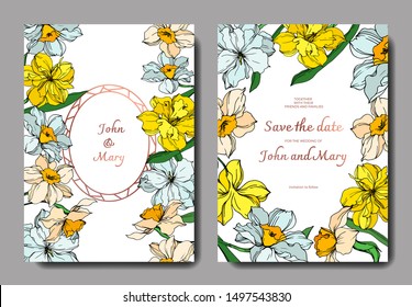 Vector Narcissus floral botanical flowers.  Wedding background card floral decorative border. 