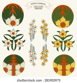 Vector narcissus graphic designs. Spring vintage background with lent lilies. Elements lent lilies emblems