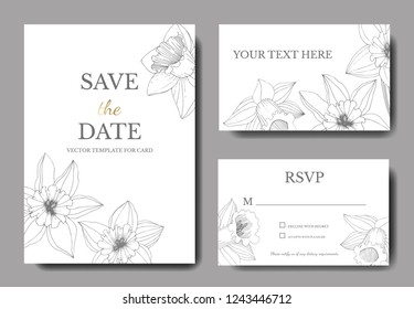 Vector Narcissus. Wedding background card floral decorative border. Black and white engraved ink art. Thank you, rsvp, invitation elegant card illustration graphic set banner.