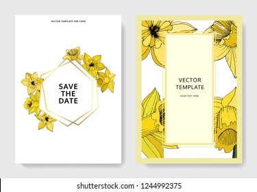 Vector Narcissus. Wedding background card floral decorative border. Yellow engraved ink art. Thank you, rsvp, invitation elegant card illustration graphic set banner.