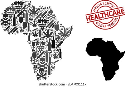 Vector narcotic collage map of Africa. Rubber health care round red rubber imitation. Template for narcotic addiction and health care doctrines. Map of Africa is constructed from inoculation syringes,