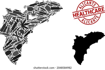 Vector narcotic collage map of Alicante Province. Scratched health care round red stamp. Concept for narcotic addiction and health care promotion.