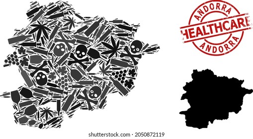 Vector narcotic collage map of Andorra. Rubber healthcare round red watermark. Concept for narcotic addiction and medicine purposes. Map of Andorra is made from injection needles, toxic, medicine,