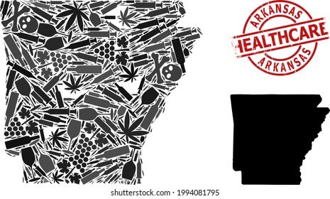 Vector narcotic collage map of Arkansas State. Grunge health care round red stamp. Template for narcotic addiction and healthcare applications. Map of Arkansas State is made of injection needles,