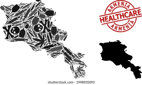 Vector narcotic collage map of Armenia. Scratched healthcare round red rubber imitation. Template for narcotic addiction and healthcare agitprop. Map of Armenia is organized with injection needles,