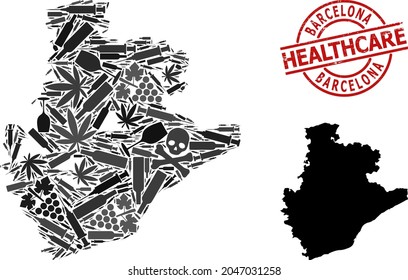 Vector narcotic collage map of Barcelona Province. Scratched health care round red seal. Template for narcotic addiction and health care proclamations.
