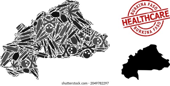 Vector narcotic collage map of Burkina Faso. Rubber healthcare round red badge. Concept for narcotic addiction and healthcare projects. Map of Burkina Faso is done of inoculation syringes, mortal,