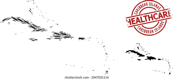 Mapa vectorial del collage de narcóticos de las Islas del Caribe. Sello rojo de sello de foca. Concepto de adicción a los narcóticos y proclamas de salud.