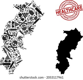 Vector narcotic collage map of Chhattisgarh State. Grunge health care round red badge. Concept for narcotic addiction and health care propaganda.