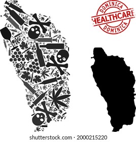 Vector narcotic collage map of Dominica Island. Scratched health care round red seal stamp. Template for narcotic addiction and health care applications.