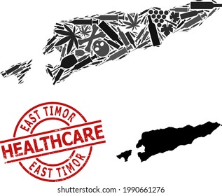 Mapa vectorial del collage de narcóticos de Timor Oriental. Atención de salud con rayas rojas. Plantilla para aplicaciones de drogadicción y atención de la salud. El mapa de Timor Oriental se hace con jeringas para inyección,