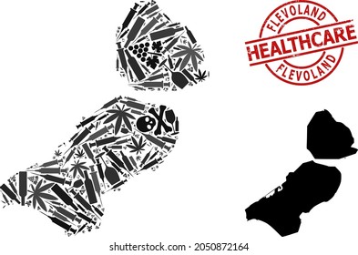 Vector narcotic collage map of Flevoland Province. Scratched health care round red badge. Concept for narcotic addiction and health care doctrines.